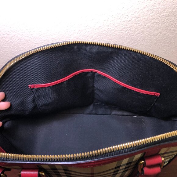 BURBERRY Horseferry Checkered Canvas and Leather Tote Bowling Bag Red/Beige - Picture 10 of 16